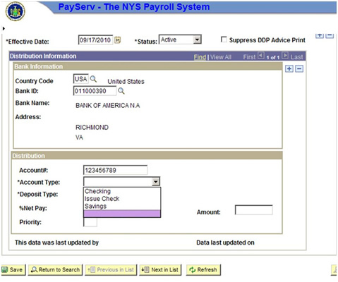 Image of PayServ NYS Payroll System - Direct Deposit Page