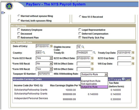 Image of PayServ NYS Payroll System - Tax Data Page