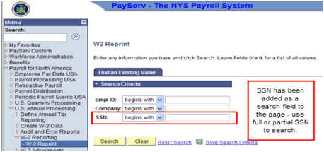 Image of PayServ NYS Payroll System - SSN Search Field