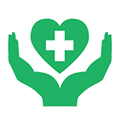 Hands supporting heart with medical cross