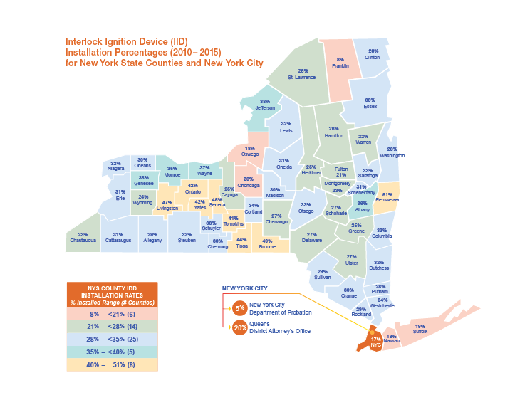 A county map of New York State with installation percentages for Interlock Ignition Devices.